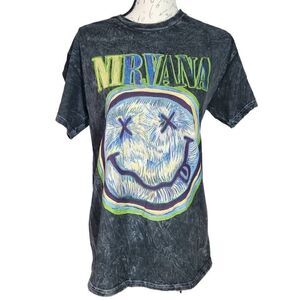 Nirvana Unisex Size Medium Black Yellow TieDye Smiley Face Short Sleeve T-shirt